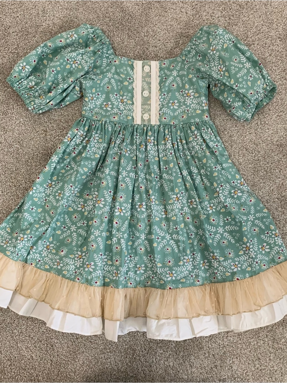 Ricrac & Ruffles size 5 Girls' Floral Puff-Sleeve Dress with Lace Trim
